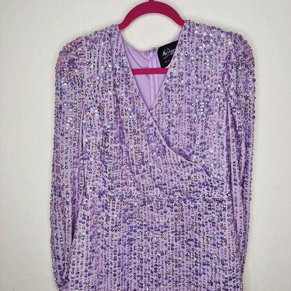 Mac Duggal Sequin Illusion Long Puff Sleeve 107641 Evening Tea Length Midi Dress - Picture 4 of 16